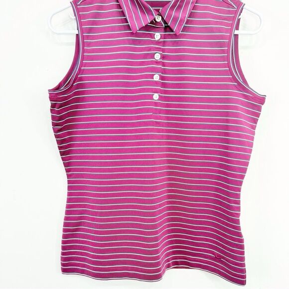 Nike Dri-Fit Magenta Stripe Sleeveless Quarter Button Performance Golf Shirt - Picture 7 of 16